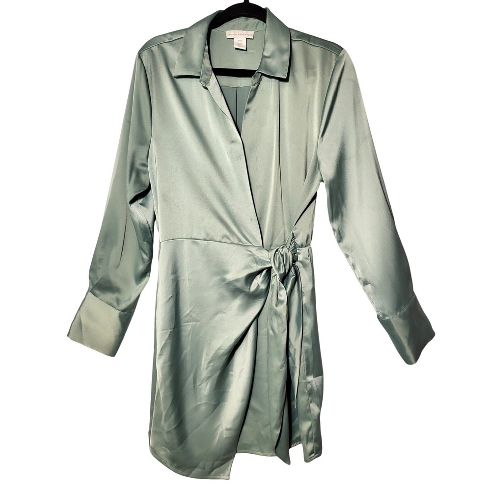 House of Harlow 1960 Sage Green Satin Tie Wrap Mini Dress Long Sleeve Medium